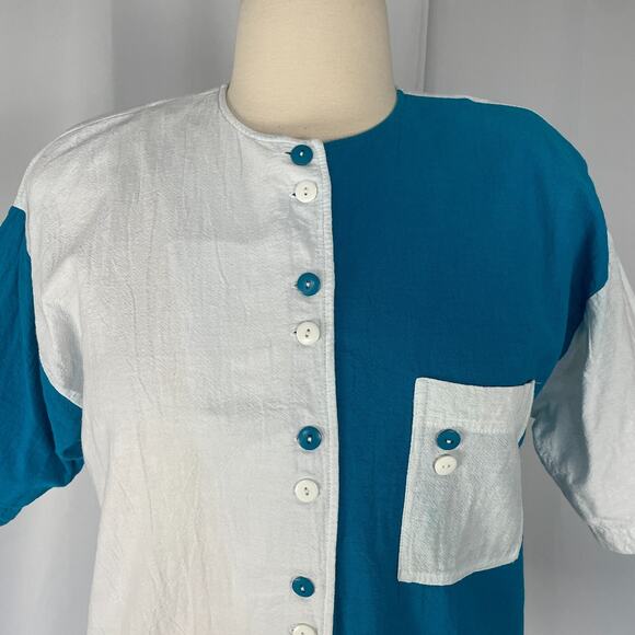 Casual Top Size Medium White Blue Colorblock Contrast Baseball Button Cotton - Picture 2 of 12